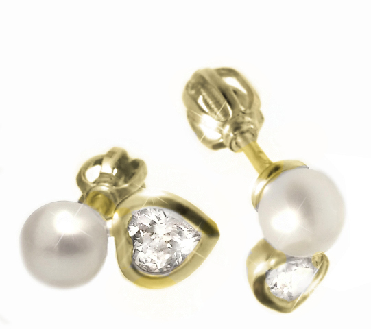 Zlaté dámské náušnice s perlou Briline srdíčka 23500100399